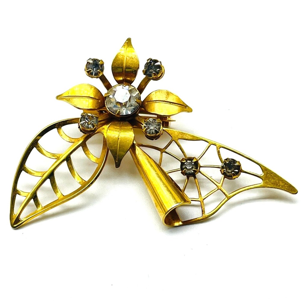 Vintage Clear Rhinestone Flower Brooch Gold Tone Openwork Floral Pin Statement